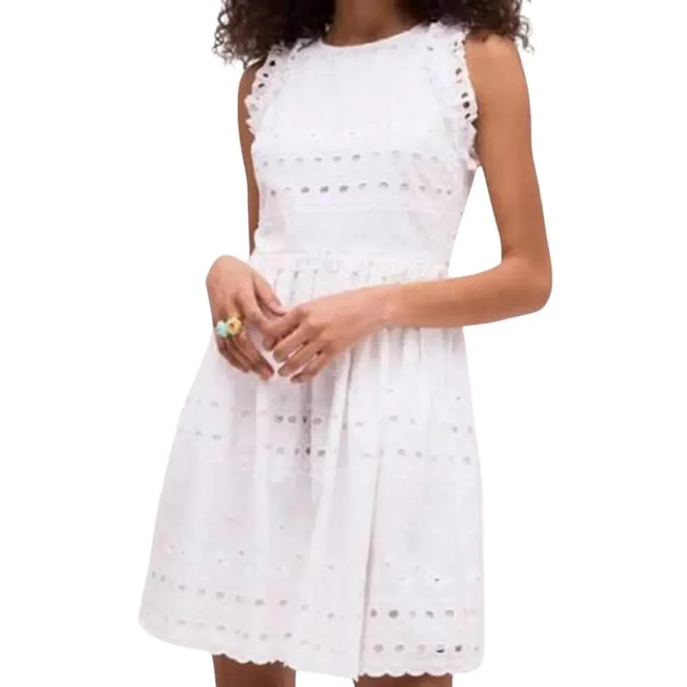 Kate Spade White Cotton Eyelet Ruffled Dress Boho Cottage Fairy Sleeveless 4